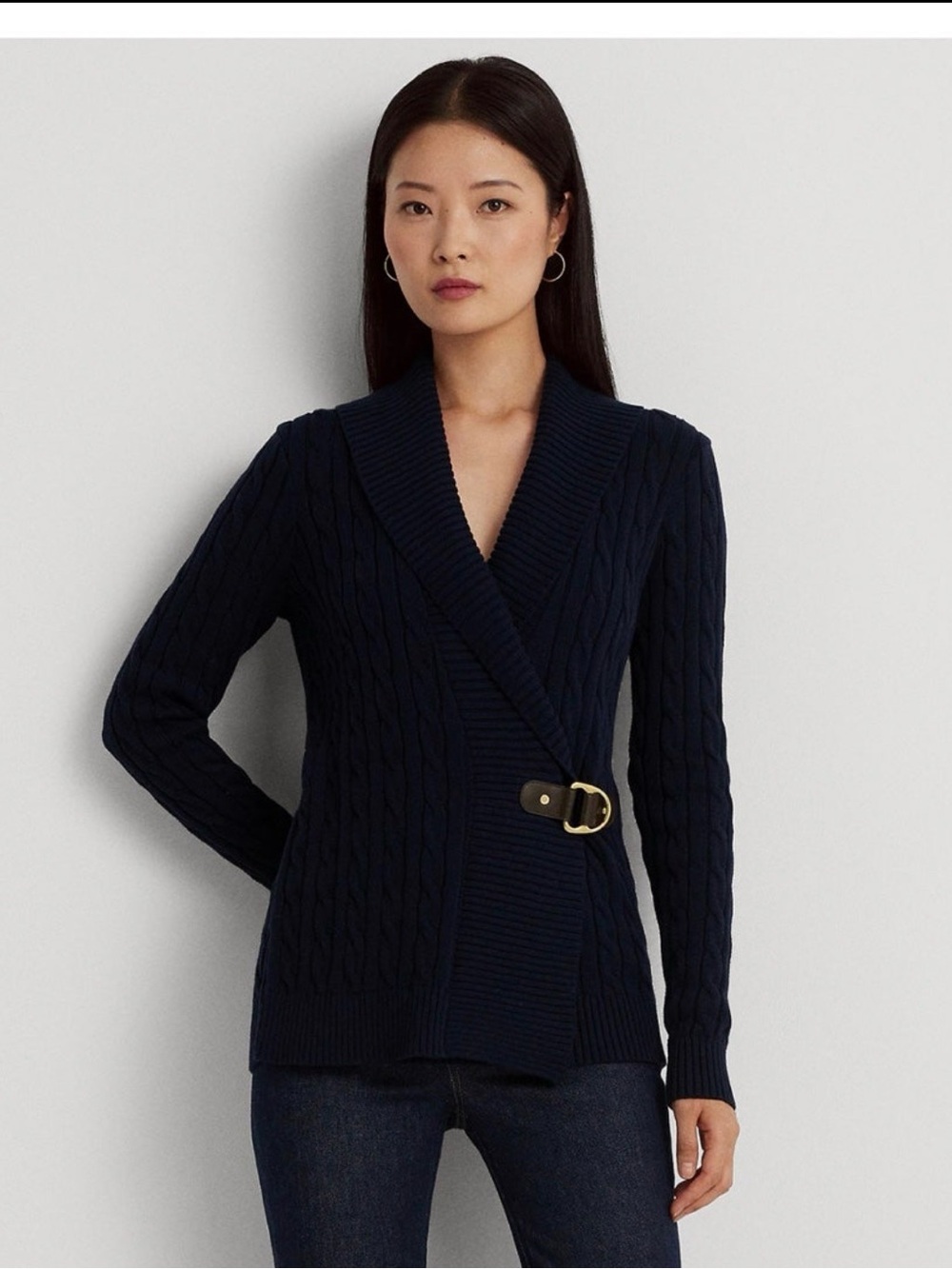 Lauren Ralph Lauren Navy Cable-Knit Shawl Cardigan with Buckle